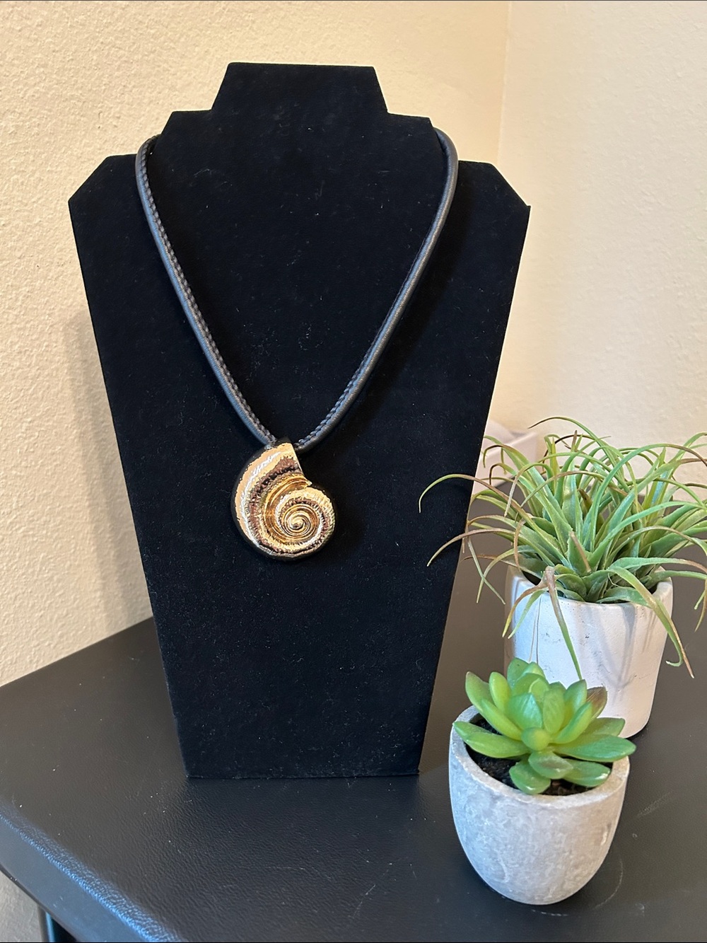 Gold Spiral Shell Pendant Necklace Black Cord